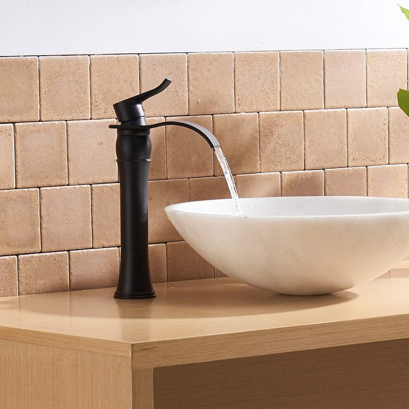 BWE Black Bathroom Faucet with Drain Assembly and Supply Hose Waterfall Vessel Sink Faucet Matte Black Lavatory Mixer Tap Tall Body - Image 5